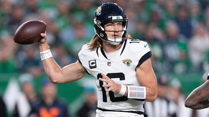 Nov 3, 2024; Philadelphia, Pennsylvania, USA; Jacksonville Jaguars quarterback Trevor Lawrence (16) passes the ball against the Philadelphia Eagles during the second quarter at Lincoln Financial Field. Mandatory Credit: Bill Streicher-Imagn Images