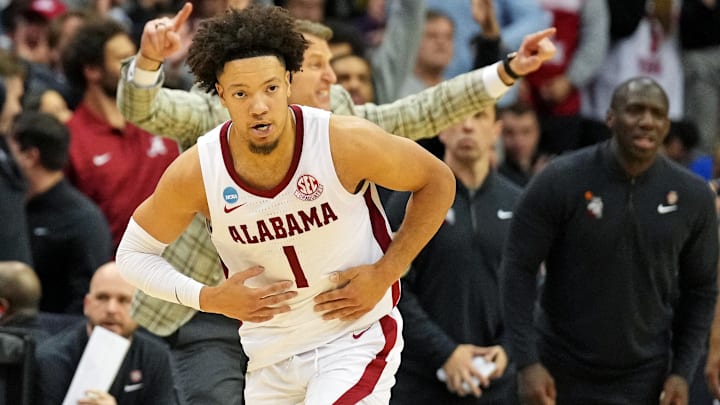 Mar 27, 2025; Newark, NJ, USA; Alabama Crimson Tide guard Mark Sears (1) celebrates after making a three pointer during the second half against the Brigham Young Cougars during an East Regional semifinal of the 2025 NCAA tournament at Prudential Center. Mandatory Credit: Robert Deutsch-Imagn Images Mar 27, 2025; Newark, NJ, USA; Alabama Crimson Tide guard Mark Sears (1) celebrates after making a three pointer during the second half against the Brigham Young Cougars during an East Regional semifinal of the 2025 NCAA tournament at Prudential Center. Mandatory Credit: Robert Deutsch-Imagn Images