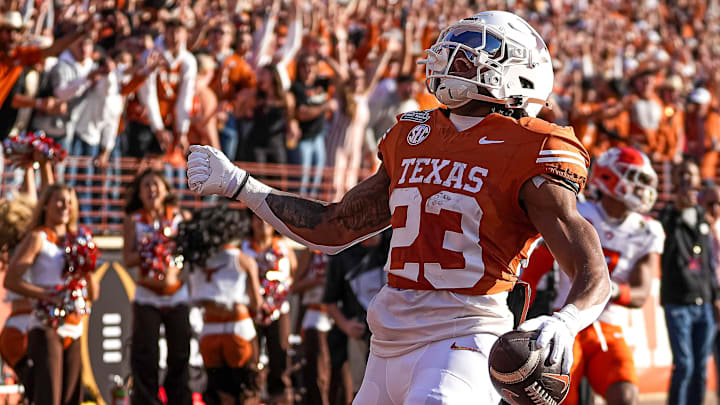 Texas Longhorns running back Jaydon Blue celebrates a touchdown during the game against Clemson.
