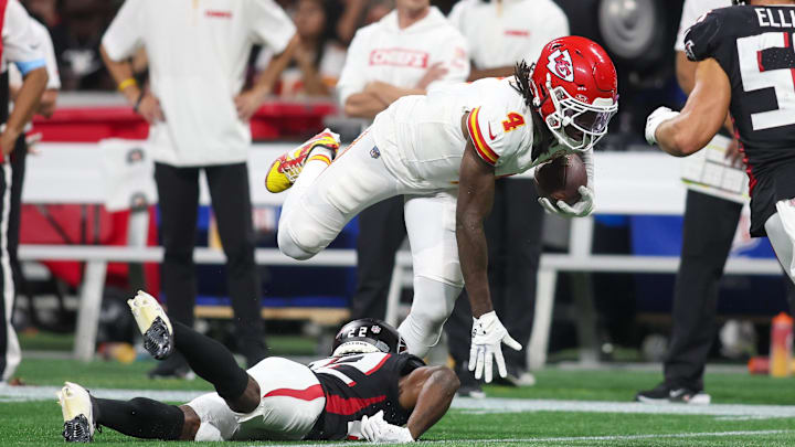 Sep 22, 2024; Atlanta, Georgia, USA; Kansas City Chiefs wide receiver Rashee Rice (4) runs after a catch against the Atlanta Falcons in the second quarter at Mercedes-Benz Stadium. Mandatory Credit: Brett Davis-Imagn Images Sep 22, 2024; Atlanta, Georgia, USA; Kansas City Chiefs wide receiver Rashee Rice (4) runs after a catch against the Atlanta Falcons in the second quarter at Mercedes-Benz Stadium. Mandatory Credit: Brett Davis-Imagn Images