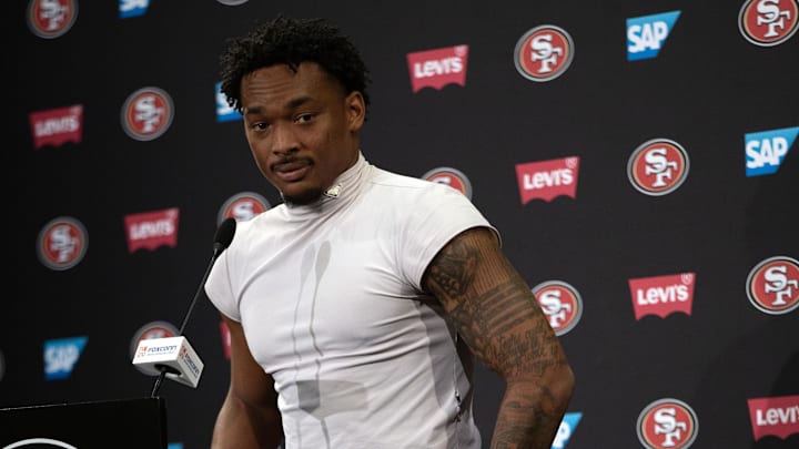 Jun 10, 2025; Santa Clara, CA, USA; San Francisco 49ers cornerback Deommodore Lenoir speaks to the media following an OTA at Levi's Stadium. Mandatory Credit: D. Ross Cameron-Imagn Images Jun 10, 2025; Santa Clara, CA, USA; San Francisco 49ers cornerback Deommodore Lenoir speaks to the media following an OTA at Levi's Stadium. Mandatory Credit: D. Ross Cameron-Imagn Images