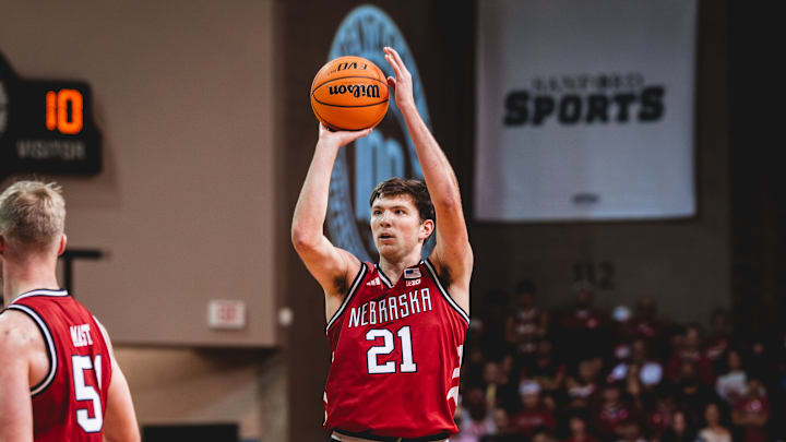 Nebraska forward Pryce Sandfort shoots a three-pointer against Oklahoma at the Sandford Pentagon in Sioux Falls.