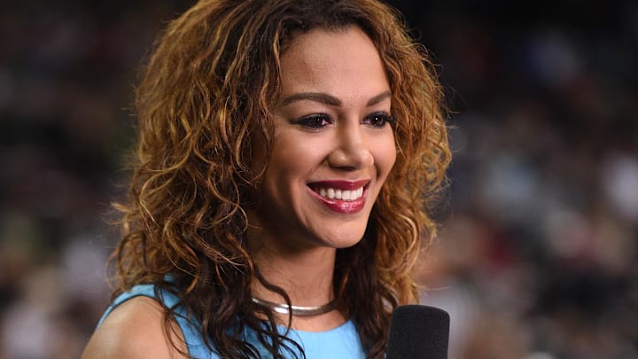 March 18, 2016; Spokane , WA, USA; Sideline reporter Ros Gold-Onwude before the California Golden Bears play against the Hawaii Rainbow Warriors in the first round of the 2016 NCAA Tournament at Spokane Veterans Memorial Arena. Mandatory Credit: Kyle Terada-Imagn Images March 18, 2016; Spokane , WA, USA; Sideline reporter Ros Gold-Onwude before the California Golden Bears play against the Hawaii Rainbow Warriors in the first round of the 2016 NCAA Tournament at Spokane Veterans Memorial Arena. Mandatory Credit: Kyle Terada-Imagn Images