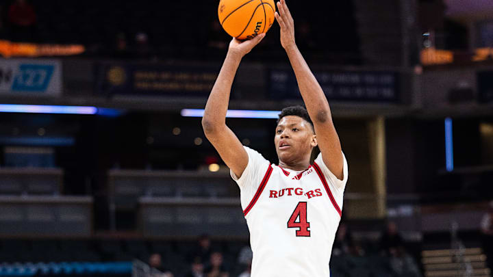 Mar 12, 2025; Indianapolis, IN, USA;  Rutgers Scarlet Knights guard Ace Bailey (4) shoots the ball in the second half against the USC Trojans at Gainbridge Fieldhouse. Mandatory Credit: Trevor Ruszkowski-Imagn Images