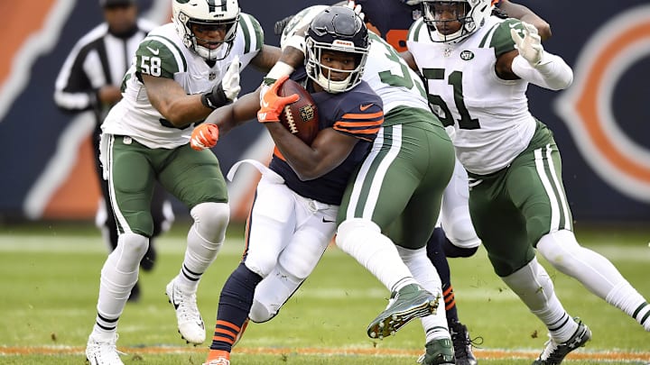 Oct 28, 2018; Chicago, IL, USA; Chicago Bears running back Tarik Cohen (29) is tackled by New York Jets strong safety Jamal Adams (33) at Soldier Field. Mandatory Credit: Quinn Harris-USA TODAY Sports