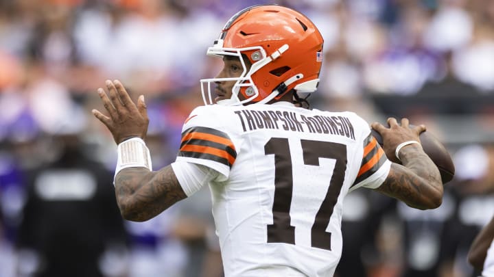 Aug 17, 2024; Cleveland, Ohio, USA; Cleveland Browns quarterback Dorian Thompson-Robinson (17) throws the ball during the first quarter against the Minnesota Vikings at Cleveland Browns Stadium. Aug 17, 2024; Cleveland, Ohio, USA; Cleveland Browns quarterback Dorian Thompson-Robinson (17) throws the ball during the first quarter against the Minnesota Vikings at Cleveland Browns Stadium.