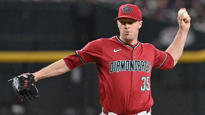 Apr 11, 2025; Phoenix, Arizona, USA; Arizona Diamondbacks pitcher Joe Mantiply (35) throws in the ninth inning against the Milwaukee Brewers at Chase Field. Mandatory Credit: Matt Kartozian-Imagn Images
