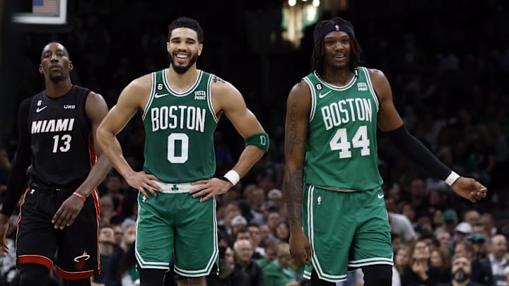 May 25, 2023; Boston, Massachusetts, USA; Boston Celtics forward Jayson Tatum (0) and center Robert Williams III (44) react during the third quarter against the Miami Heat in game five of the Eastern Conference Finals for the 2023 NBA playoffs at TD Garden. Mandatory Credit: Winslow Townson-Imagn Images May 25, 2023; Boston, Massachusetts, USA; Boston Celtics forward Jayson Tatum (0) and center Robert Williams III (44) react during the third quarter against the Miami Heat in game five of the Eastern Conference Finals for the 2023 NBA playoffs at TD Garden. Mandatory Credit: Winslow Townson-Imagn Images