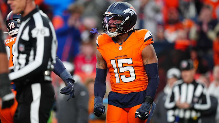 Nov 17, 2024; Denver, Colorado, USA; Denver Broncos linebacker Nik Bonitto (15) celebrates his sack in the second half against the Atlanta Falcons at Empower Field at Mile High. Nov 17, 2024; Denver, Colorado, USA; Denver Broncos linebacker Nik Bonitto (15) celebrates his sack in the second half against the Atlanta Falcons at Empower Field at Mile High.