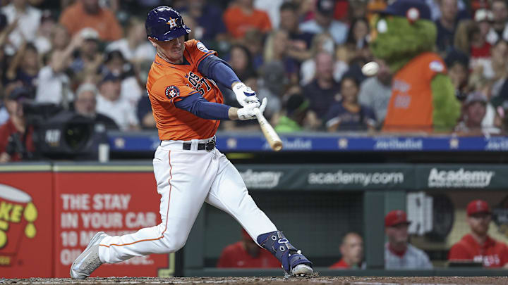 Houston Astros third baseman Alex Bregman hits a home run against the Los Angeles Angels on Sept. 20 at Minute Maid Park.