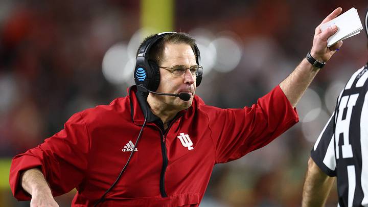 Jan 19, 2026; Miami Gardens, FL, USA; Indiana Hoosiers head coach Curt Cignetti reacts against the Miami Hurricanes in the first half during the College Football Playoff National Championship game at Hard Rock Stadium. Mandatory Credit: Mark J. Rebilas-Imagn Images