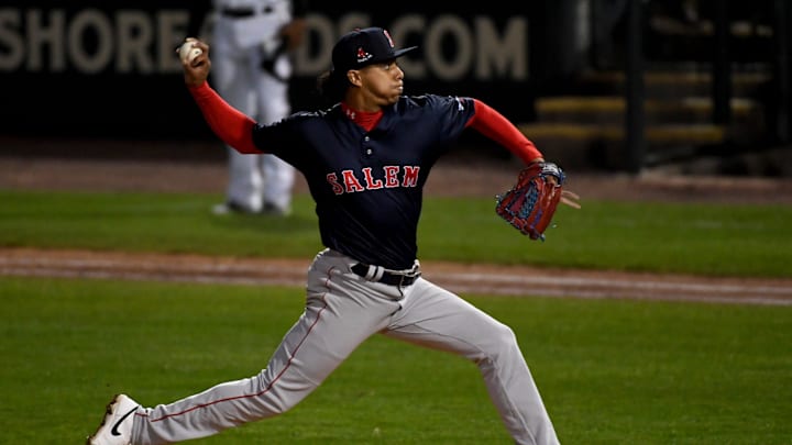Salem's Jedixson Paez (17) pitches against the Shorebirds Tuesday, April 9, 2024, at Perdue Stadium in Salisbury, Maryland. Salem's Jedixson Paez (17) pitches against the Shorebirds Tuesday, April 9, 2024, at Perdue Stadium in Salisbury, Maryland.