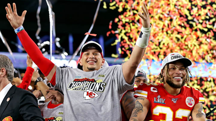 Feb 2, 2020; Miami Gardens, Florida, USA;  Kansas City Chiefs quarterback Patrick Mahomes (15) and strong safety Tyrann Mathieu (32) celebrate after beating the San Francisco 49ers in Super Bowl LIV at Hard Rock Stadium. Mandatory Credit: Matthew Emmons-Imagn Images