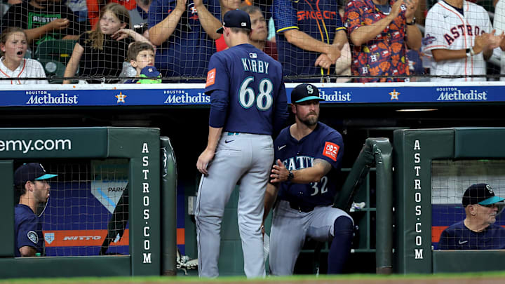 Seattle Mariners pitcher George Kirby (68) goes to the dugout during a game against the Houston Astros on May 22 at Minute Maid Park. Seattle Mariners pitcher George Kirby (68) goes to the dugout during a game against the Houston Astros on May 22 at Minute Maid Park.