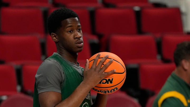 Mar 20, 2025; Raleigh, NC, USA; Baylor Bears guard VJ Edgecombe (7) with the ball during practice at Lenovo Center. Mandatory Credit: Bob Donnan-Imagn Images