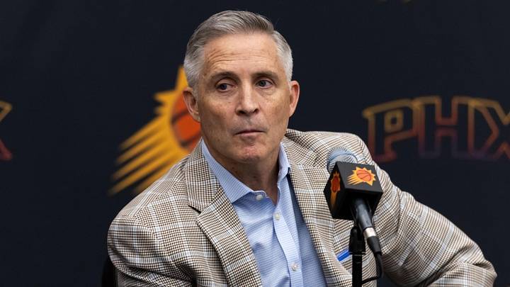 Jun 10, 2025; Scottsdale, AZ, USA; Phoenix Suns general manager Brian Gregory during an introductory press conference at the Verizon 5g Performance Center. Mandatory Credit: Mark J. Rebilas-Imagn Images