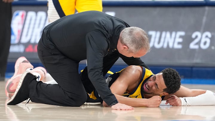 Tyrese Haliburton reacts after being injured against the Thunder.