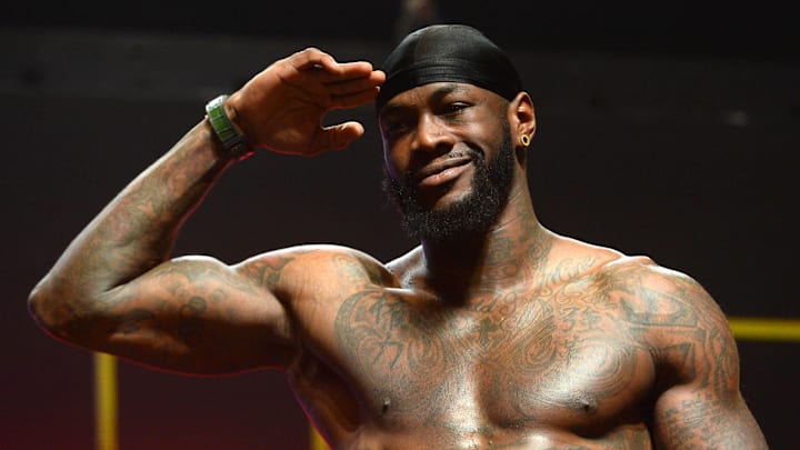 Feb 21, 2020; Las Vegas, Nevada, USA; Deontay Wilder weighs in for his world heavyweight championship boxing match against Tyson Fury (not pictured) at MGM Grand Garden Arena. Mandatory Credit: Joe Camporeale-Imagn Images
