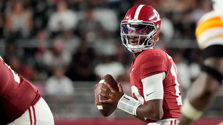 Sep 6, 2025; Tuscaloosa, Alabama, USA; Alabama quarterback Keelon Russell (12) drops back to pass against UL Monroe at Saban Field at Bryant-Denny Stadium. Alabama defeated UL Monroe 73-0. Mandatory Credit: Gary Cosby Jr.-Imagn Images Sep 6, 2025; Tuscaloosa, Alabama, USA; Alabama quarterback Keelon Russell (12) drops back to pass against UL Monroe at Saban Field at Bryant-Denny Stadium. Alabama defeated UL Monroe 73-0. Mandatory Credit: Gary Cosby Jr.-Imagn Images