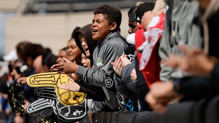 Apr 19, 2025; Boulder, CO, USA; Colorado Buffaloes fans before the Colorado Buffaloes spring game at Folsom Field. Mandatory Credit: Isaiah J. Downing-Imagn Images