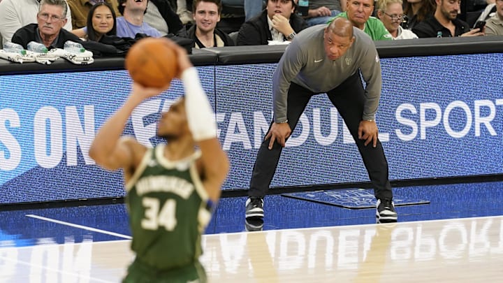 Jan 31, 2025; San Antonio, Texas, USA; Milwaukee Bucks head coach Doc Rivers watches forward Giannis Antetokounmpo (34) shoots during the second half against the San Antonio Spurs at Frost Bank Center. Mandatory Credit: Scott Wachter-Imagn Images