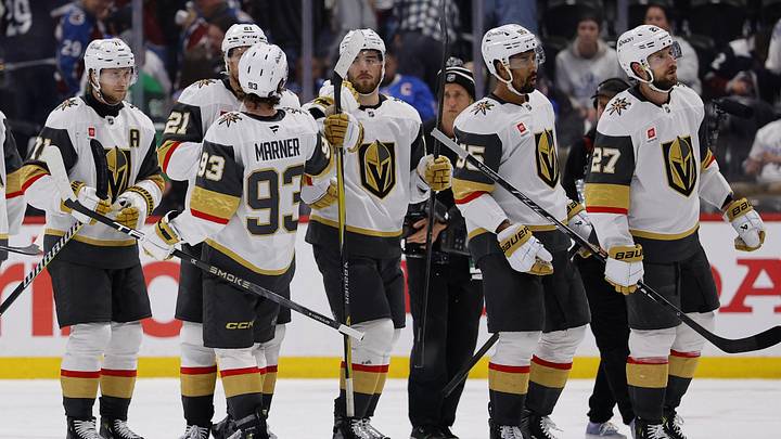 May 20, 2026; Denver, Colorado, USA; Vegas Golden Knights react after defeating the Colorado Avalanche in game one of the Western Conference Final of the 2026 Stanley Cup Playoffs at Ball Arena. Mandatory Credit: Isaiah J. Downing-Imagn Images