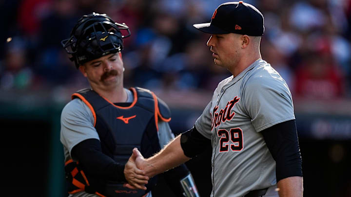 Detroit Tigers pitcher Tarik Skubal (29) shakes hands with catcher Jake Rogers (34) after pitching the second inning against Cleveland Guardians in Game 2 of ALDS at Progressive Field in Cleveland, Ohio on Monday, Oct. 7, 2024.