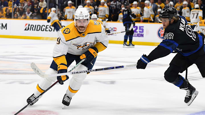 Oct 28, 2023; Nashville, Tennessee, USA; Nashville Predators left wing Filip Forsberg (9) skates the