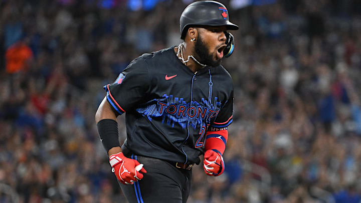 Aug 8, 2024:  Toronto Blue Jays first base Vladimir Guerrero Jr. (27) celebrates his to run home run in the fifth inning against the Baltimore Orioles at Rogers Centre. 