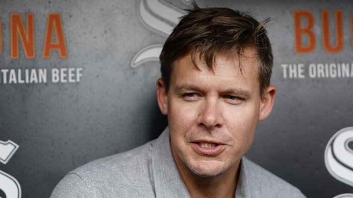 Chicago White Sox general manager Chris Getz speaks before a game against the Arizona Diamondbacks at Rate Field.