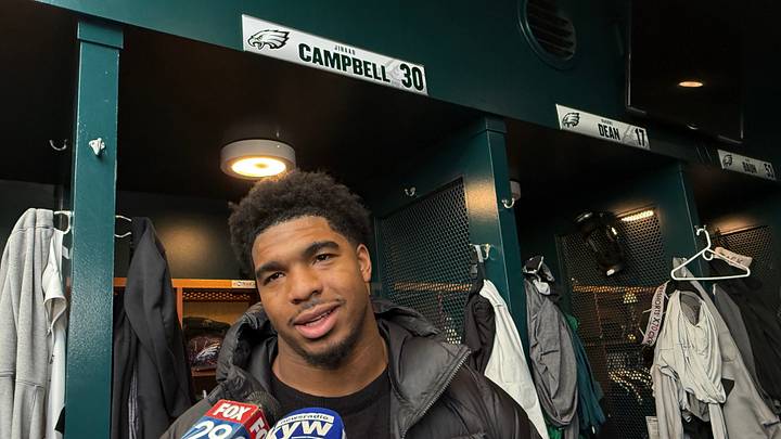 Jihaad Campbell talks with reporters on the Eagles' cleanout day after his rookie season ended with a first-round playoff loss. Jihaad Campbell talks with reporters on the Eagles' cleanout day after his rookie season ended with a first-round playoff loss.