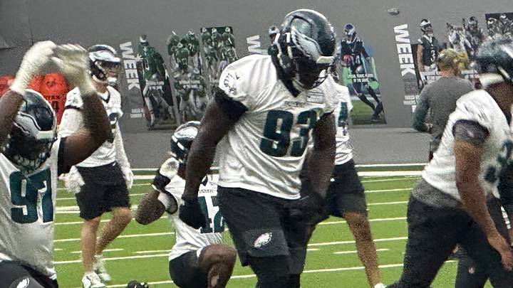 Eagles rookie Uar Bernard puts work in during Eagles OTA practice on May 27, 2026. Eagles rookie Uar Bernard puts work in during Eagles OTA practice on May 27, 2026.