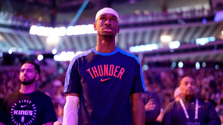 Mar 25, 2025; Sacramento, California, USA; Oklahoma City Thunder guard Shai Gilgeous-Alexander (2) stands on the court before the start of the game against the Sacramento Kings at the Golden 1 Center. Mandatory Credit: Cary Edmondson-Imagn Images