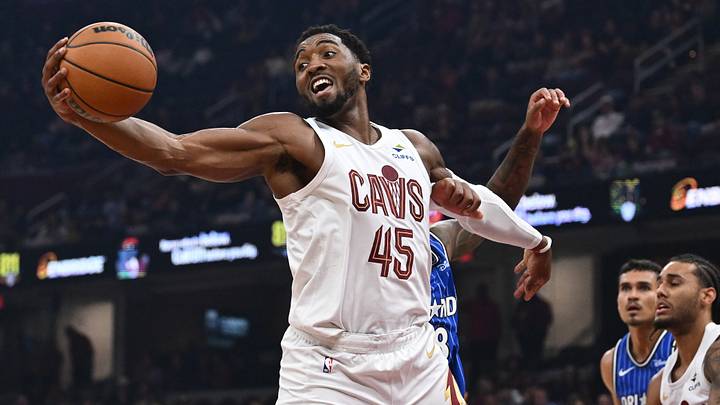 Oct 11, 2026; Cleveland, Ohio, USA; Cleveland Cavaliers guard Donovan Mitchell (45) grabs a rebound during the first half against the Orlando Magic at Rocket Arena. Mandatory Credit: Ken Blaze-Imagn Images Oct 11, 2026; Cleveland, Ohio, USA; Cleveland Cavaliers guard Donovan Mitchell (45) grabs a rebound during the first half against the Orlando Magic at Rocket Arena. Mandatory Credit: Ken Blaze-Imagn Images