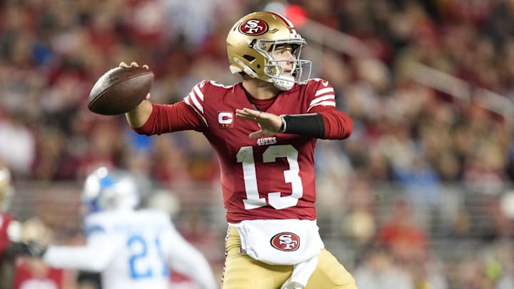 December 30, 2024; Santa Clara, California, USA; San Francisco 49ers quarterback Brock Purdy (13) passes the football against the Detroit Lions during the first quarter at Levi's Stadium. Mandatory Credit: Kyle Terada-Imagn Images