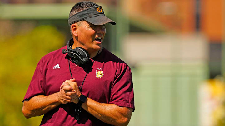 Arizona State defensive coordinator Brian Ward runs a drill for his secondary during the first day of fall practice in Tempe, Ariz. on July 30, 2025.