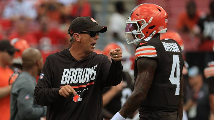 Sep 20, 2026; Tampa, Florida, USA; Cleveland Browns head coach Todd Monken with quarterback Deshaun Watson (4) during warm up prior to the game against the Tampa Bay Buccaneers at Raymond James Stadium. Mandatory Credit: Kim Klement Neitzel-Imagn Images Sep 20, 2026; Tampa, Florida, USA; Cleveland Browns head coach Todd Monken with quarterback Deshaun Watson (4) during warm up prior to the game against the Tampa Bay Buccaneers at Raymond James Stadium. Mandatory Credit: Kim Klement Neitzel-Imagn Images
