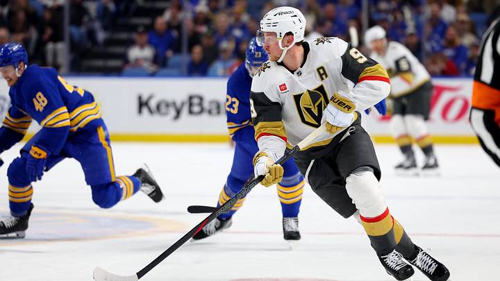 Mar 3, 2026; Buffalo, New York, USA; Vegas Golden Knights center Jack Eichel (9) carries there puck up ice during the first period against the Buffalo Sabres at KeyBank Center. Mandatory Credit: Timothy T. Ludwig-Imagn Images Mar 3, 2026; Buffalo, New York, USA; Vegas Golden Knights center Jack Eichel (9) carries there puck up ice during the first period against the Buffalo Sabres at KeyBank Center. Mandatory Credit: Timothy T. Ludwig-Imagn Images