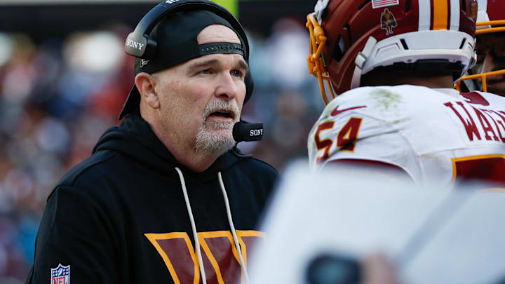 Dec 25, 2025; Landover, Maryland, USA;  Washington Commanders head coach Dan Quinn speaks to his players in the second half against the Dallas Cowboys at Northwest Stadium. Mandatory Credit: Amber Searls-Imagn Images