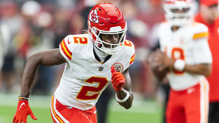 Aug 9, 2025; Glendale, Arizona, USA; Kansas City Chiefs wide receiver Tyquan Thornton (2) against the Arizona Cardinals during a preseason NFL game at State Farm Stadium. Mandatory Credit: Mark J. Rebilas-Imagn Images