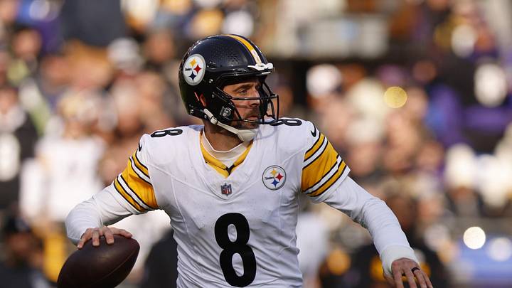 Dec 7, 2025; Baltimore, Maryland, USA; Pittsburgh Steelers quarterback Aaron Rodgers (8) passes the ball against the Baltimore Ravens during the first half at M&T Bank Stadium. Mandatory Credit: Peter Casey-Imagn Images