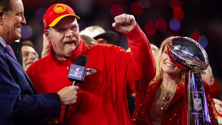 Feb 11, 2024; Paradise, Nevada, USA; Kansas City Chiefs head coach Andy Reid celebrates with the