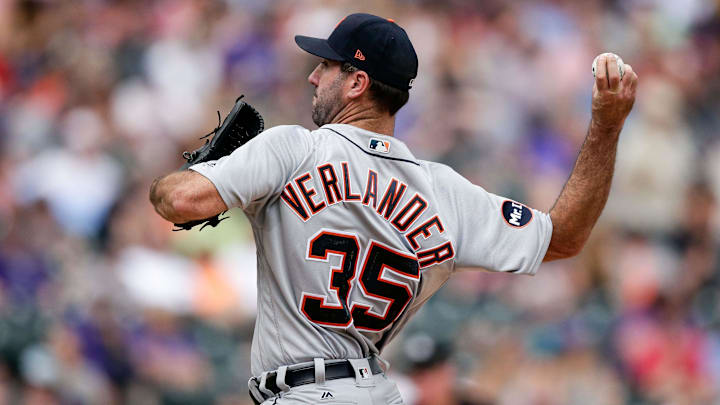 Aug 30, 2017; Denver, CO, USA; Detroit Tigers starting pitcher Justin Verlander (35) pitches in the fifth inning against the Colorado Rockies at Coors Field. Mandatory Credit: Isaiah J. Downing-Imagn Images