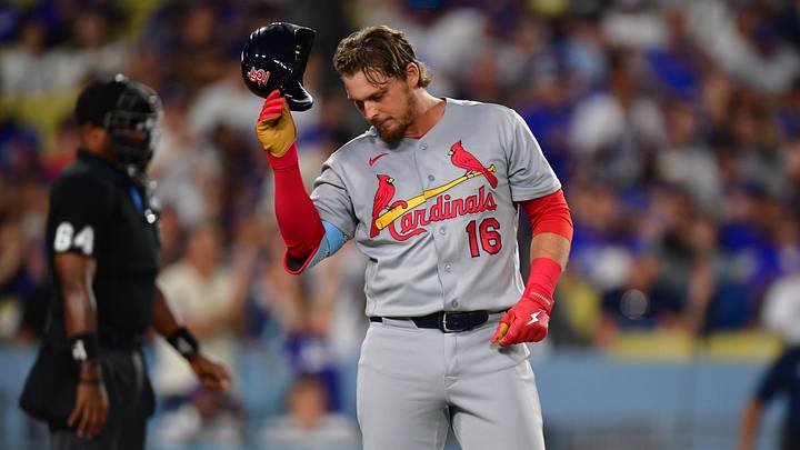 Sep 2, 2026; Los Angeles, California, USA;  St. Louis Cardinals third base Nolan Gorman (16) reacts after striking out during the fifth inning against the Los Angeles Dodgers at UNIQLO Field at Dodger Stadium.  Mandatory Credit: Gary A. Vasquez-Imagn Images