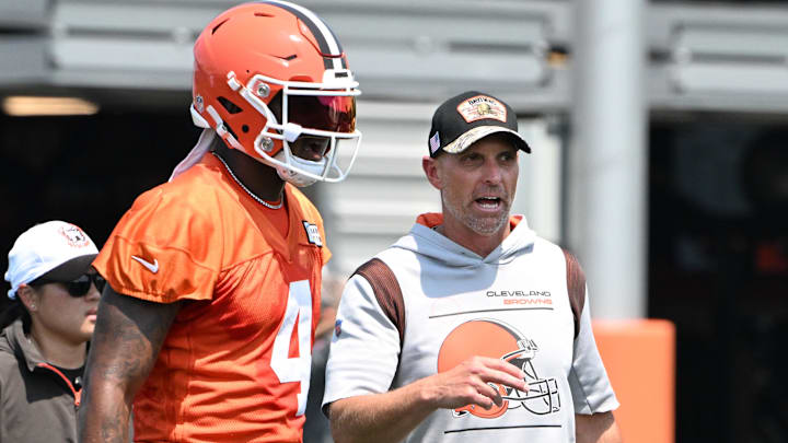 Aug 4, 2024; Cleveland Browns pass game coordinator/wide receivers coach Chad O'Shea with quarterback Deshaun Watson (4) during practice at the Browns training facility in Berea, Ohio. Mandatory Credit: Bob Donnan-Imagn Images