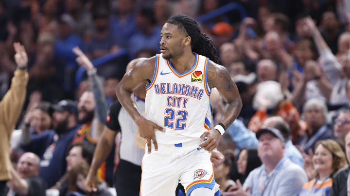 Mar 12, 2024; Oklahoma City, Oklahoma, USA; Oklahoma City Thunder guard Cason Wallace (22) gestures after scoring a three-point basket against the Indiana Pacers during the second half at Paycom Center. Mandatory Credit: Alonzo Adams-USA TODAY Sports