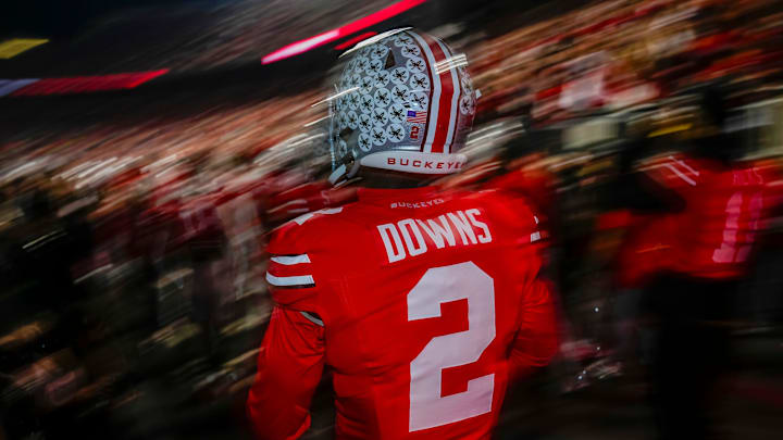 Ohio State Buckeyes defensive back Caleb Downs (2) takes the field for warm-ups prior to the NCAA football game against the UCLA Bruins at Ohio Stadium in Columbus on Nov. 15, 2025. Ohio State Buckeyes defensive back Caleb Downs (2) takes the field for warm-ups prior to the NCAA football game against the UCLA Bruins at Ohio Stadium in Columbus on Nov. 15, 2025.