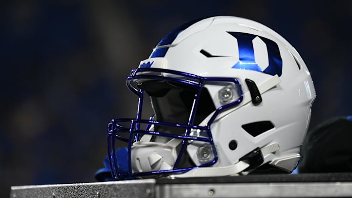 Sep 10, 2021; Durham, North Carolina, USA; A Duke Blue Devils helmet sits on an equipment chest during the third quarter of the game against the North Carolina A&T Aggies at Wallace Wade Stadium. Mandatory Credit: William Howard-Imagn Images Sep 10, 2021; Durham, North Carolina, USA; A Duke Blue Devils helmet sits on an equipment chest during the third quarter of the game against the North Carolina A&T Aggies at Wallace Wade Stadium. Mandatory Credit: William Howard-Imagn Images