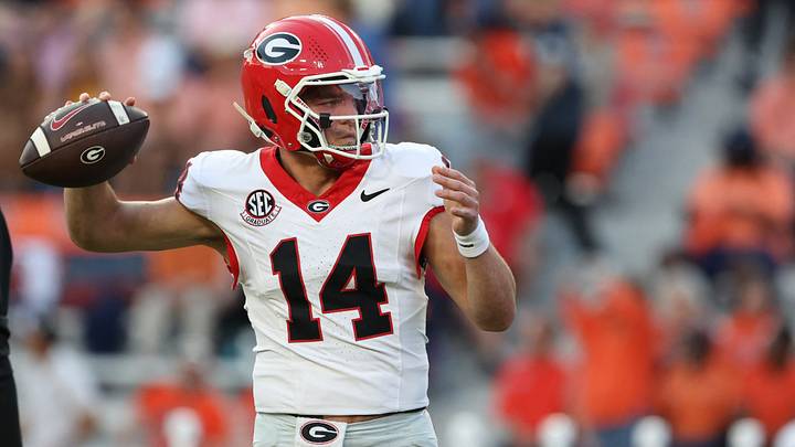 Oct 11, 2025; Auburn, Alabama, USA; Georgia Bulldogs quarterback Gunner Stockton (14) warms up before the game against the Auburn Tigers at Jordan-Hare Stadium. Mandatory Credit: John Reed-Imagn Images Oct 11, 2025; Auburn, Alabama, USA; Georgia Bulldogs quarterback Gunner Stockton (14) warms up before the game against the Auburn Tigers at Jordan-Hare Stadium. Mandatory Credit: John Reed-Imagn Images