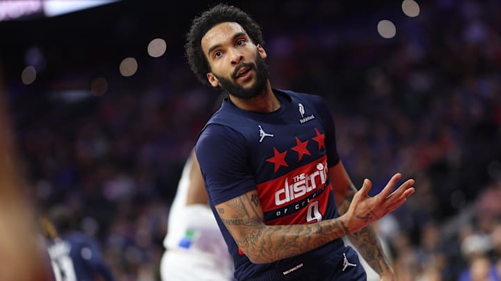 Mar 26, 2025; Philadelphia, Pennsylvania, USA; Washington Wizards forward Justin Champagnie (9) reacts after dunking the ball against the Philadelphia 76ers during the first quarter at Wells Fargo Center. Mandatory Credit: Bill Streicher-Imagn Images